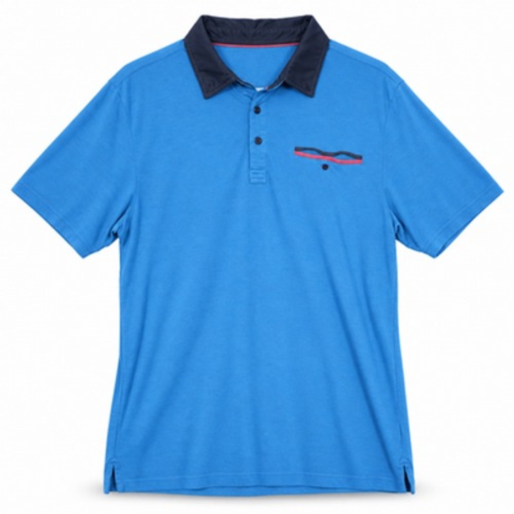 TravisMathew Men's Medium Blue Golf Polo Navy Contrast Collar Pocket Detail